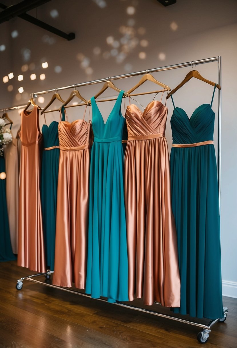 Teal and copper bridesmaid dresses arranged in a stylish display for a wedding color palette