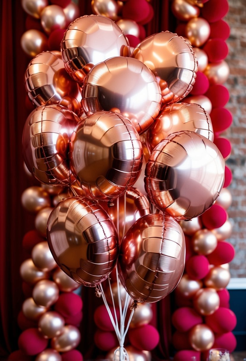 A cluster of rose gold metallic balloons floats against a backdrop of red and rose gold wedding decor