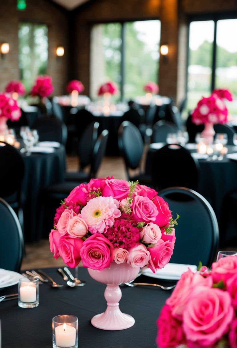 Pink centerpieces pop against black tablecloths in a chic wedding setting