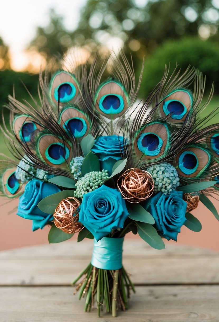 Peacock feathers intertwined with teal and copper flowers in a wedding bouquet