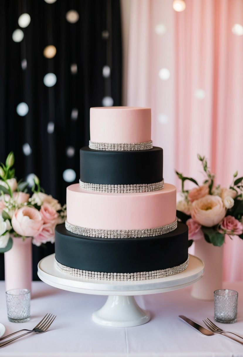 A pink and black wedding cake adorned with silver accents, set against a backdrop of black and light pink wedding decor