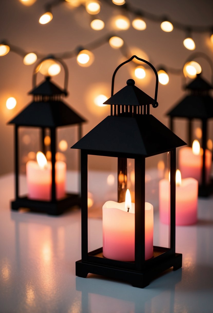 Black lanterns with light pink candles casting warm, romantic glow