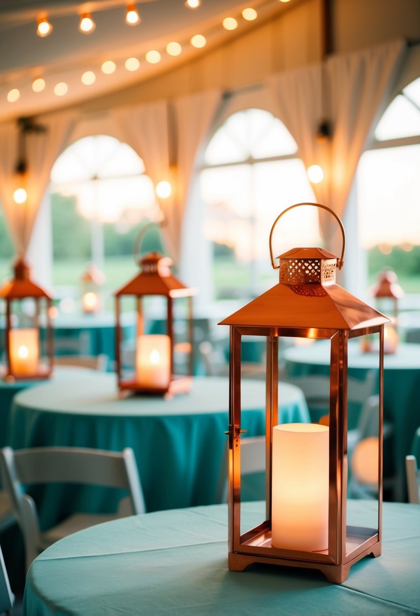 Copper and teal lanterns casting a warm glow in a softly lit wedding venue