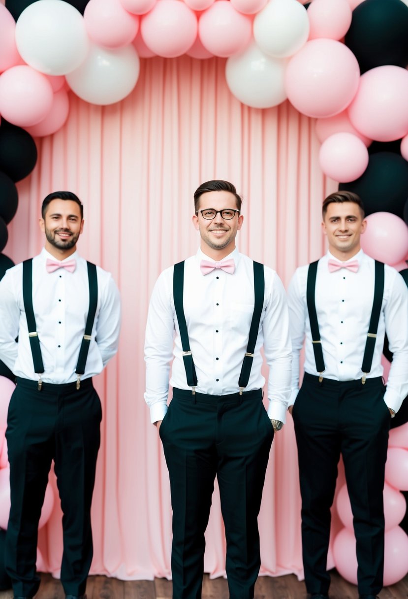 Groomsmen in pink bow ties and black suspenders stand against a backdrop of black and light pink wedding decor