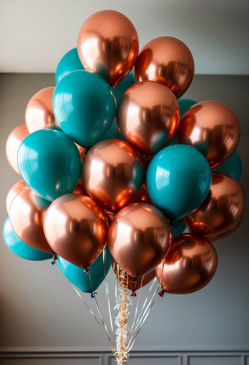 A cluster of copper and teal balloons arranged for a festive wedding celebration