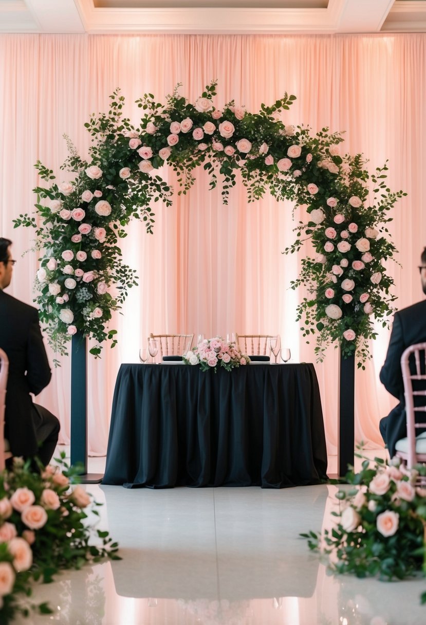 A black and pink floral archway stands as the focal point, surrounded by light pink wedding decor