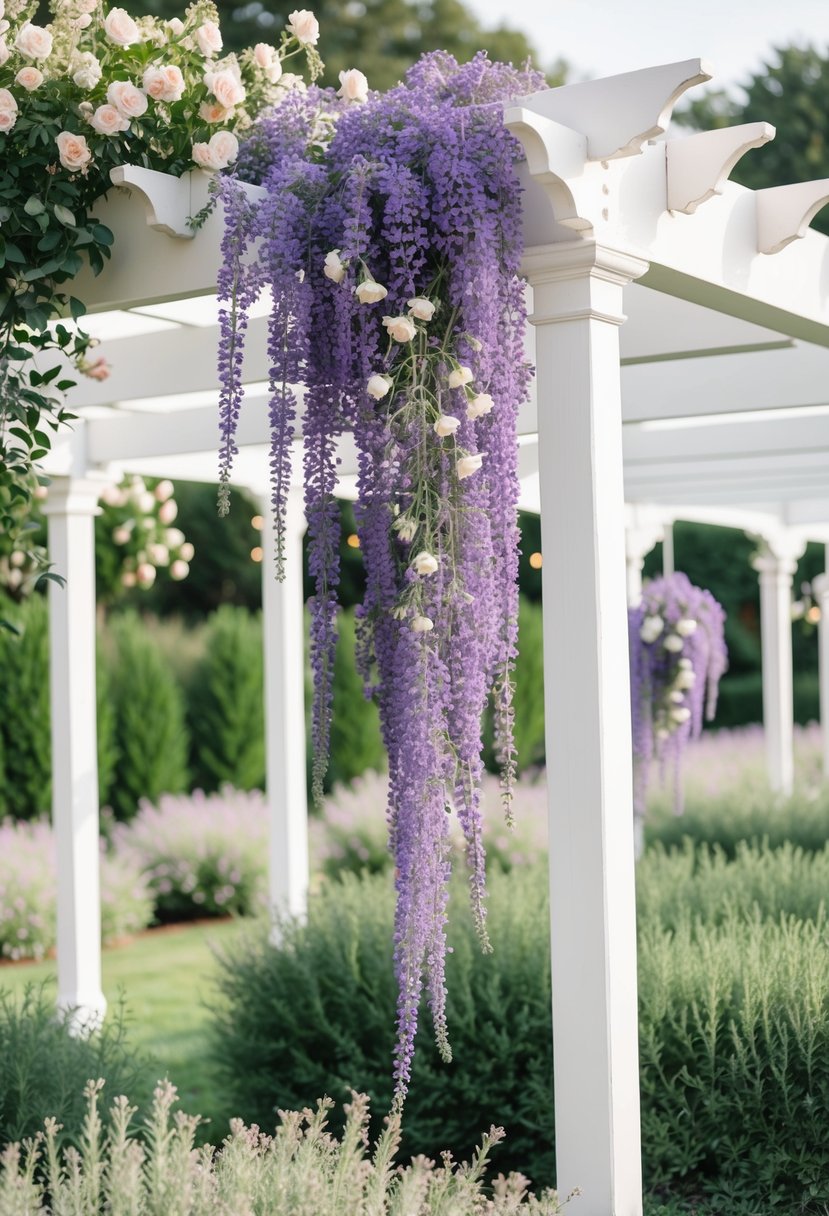 A serene garden with lavender and light pink flowers cascading over a white pergola, creating a romantic and elegant wedding setting