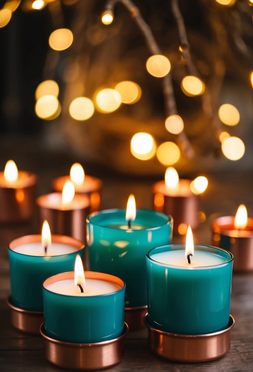 Teal candles in copper holders casting a warm, romantic glow