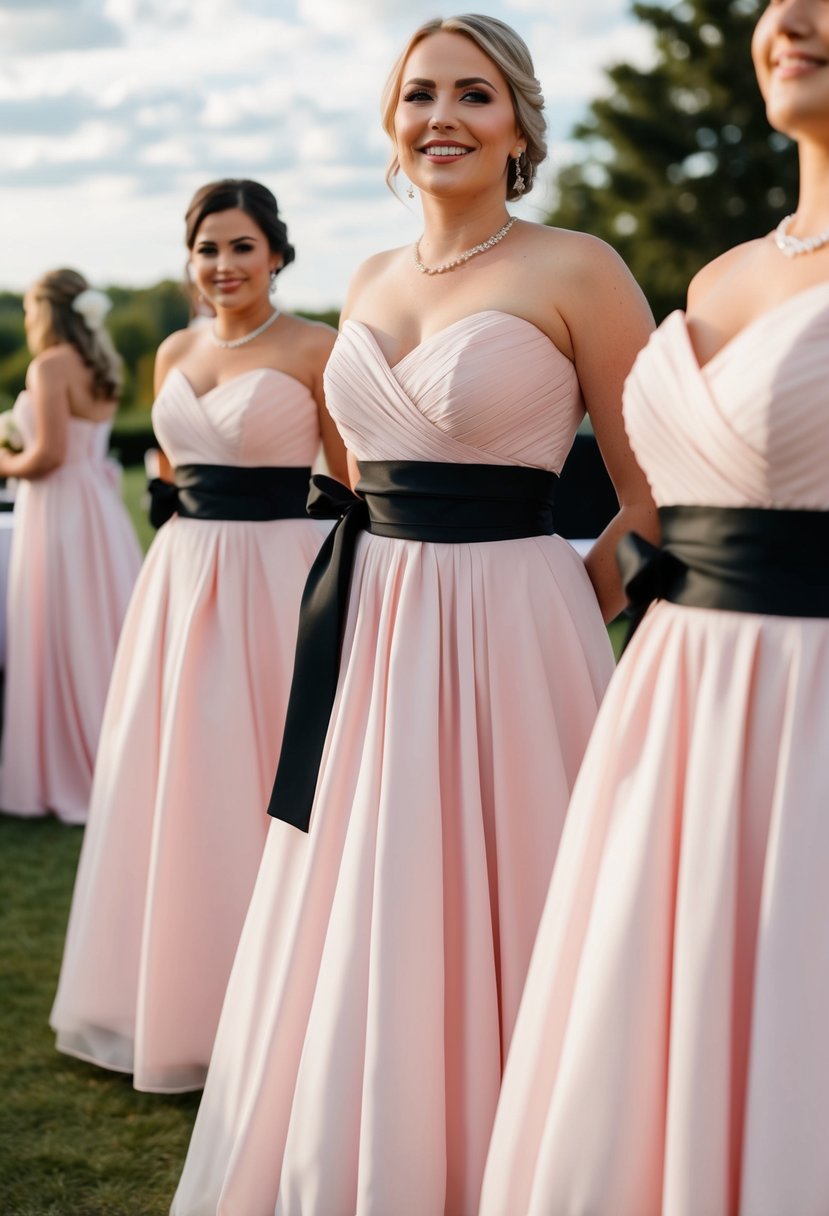 Light pink dresses with black sashes in a wedding setting