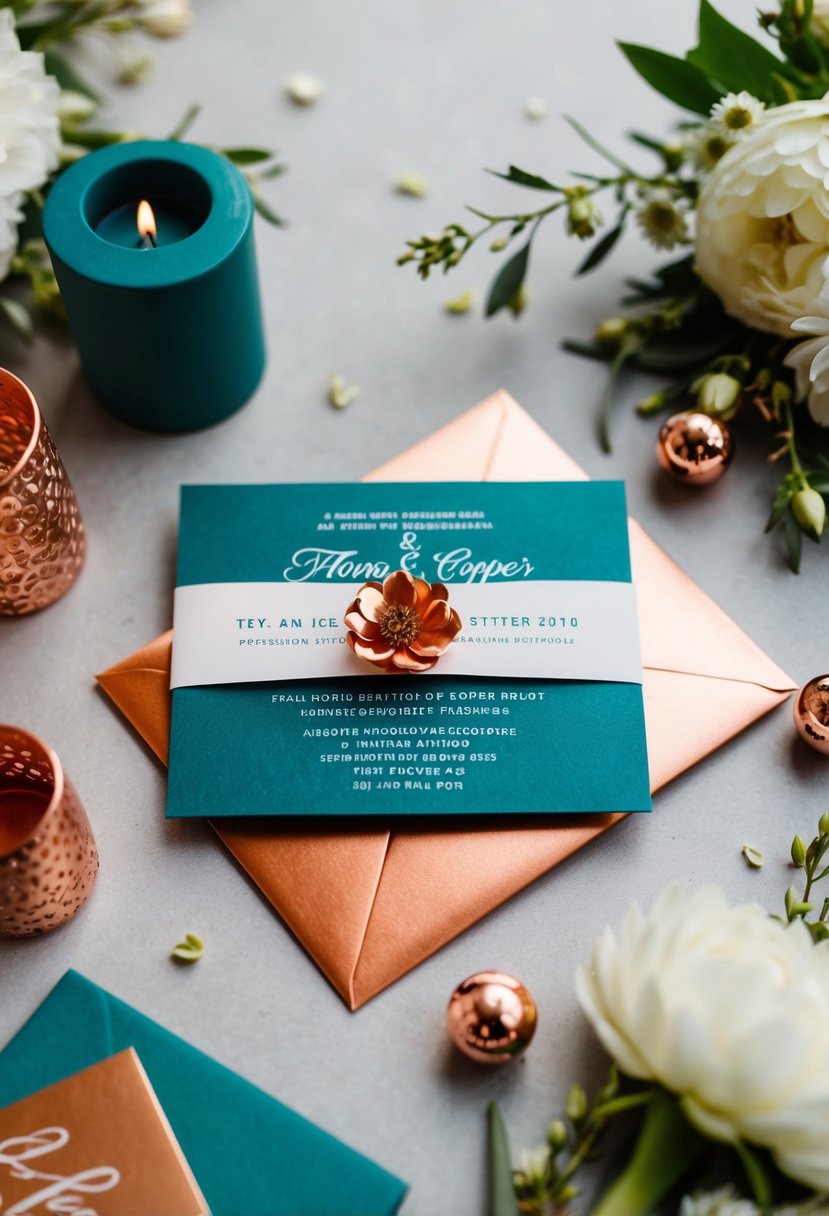 A teal and copper wedding invitation card surrounded by matching decor and flowers