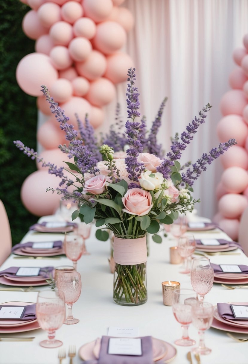 A table adorned with lavender and blush floral arrangements, surrounded by soft pink wedding decor