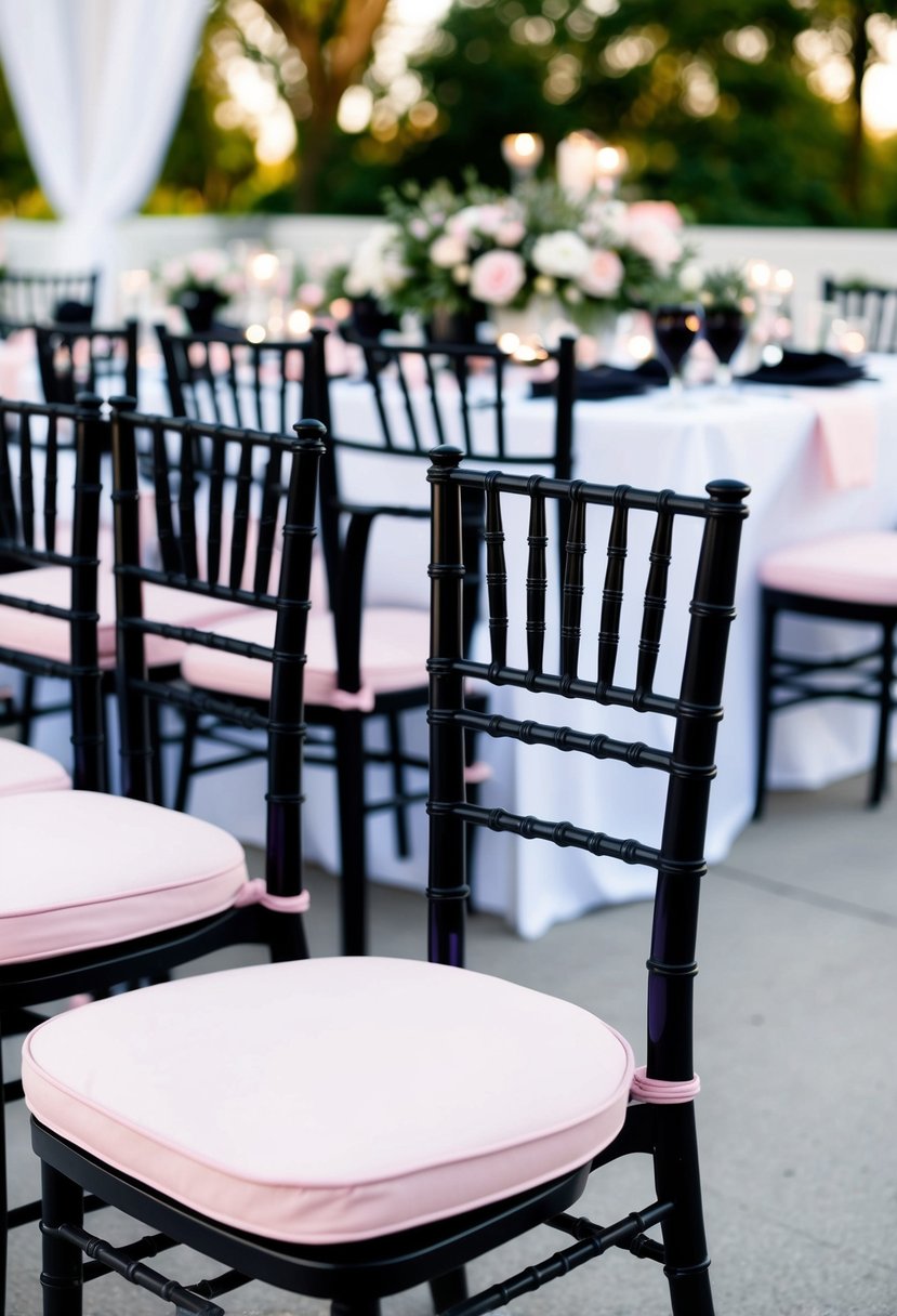 Black chiavari chairs with pink cushions arranged in a stylish and elegant setting, showcasing a modern and sophisticated wedding color palette of black and light pink