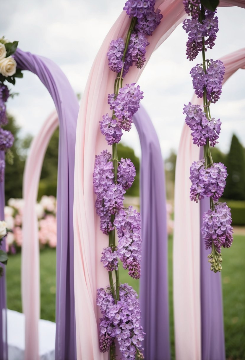 Lavender and light pink wedding arches intertwined with lilac flowers