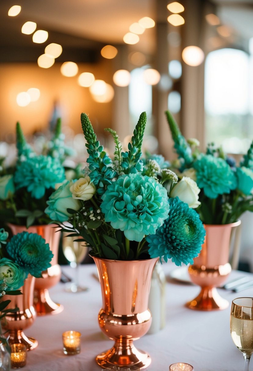 Copper vases filled with teal flowers arranged as wedding centerpieces