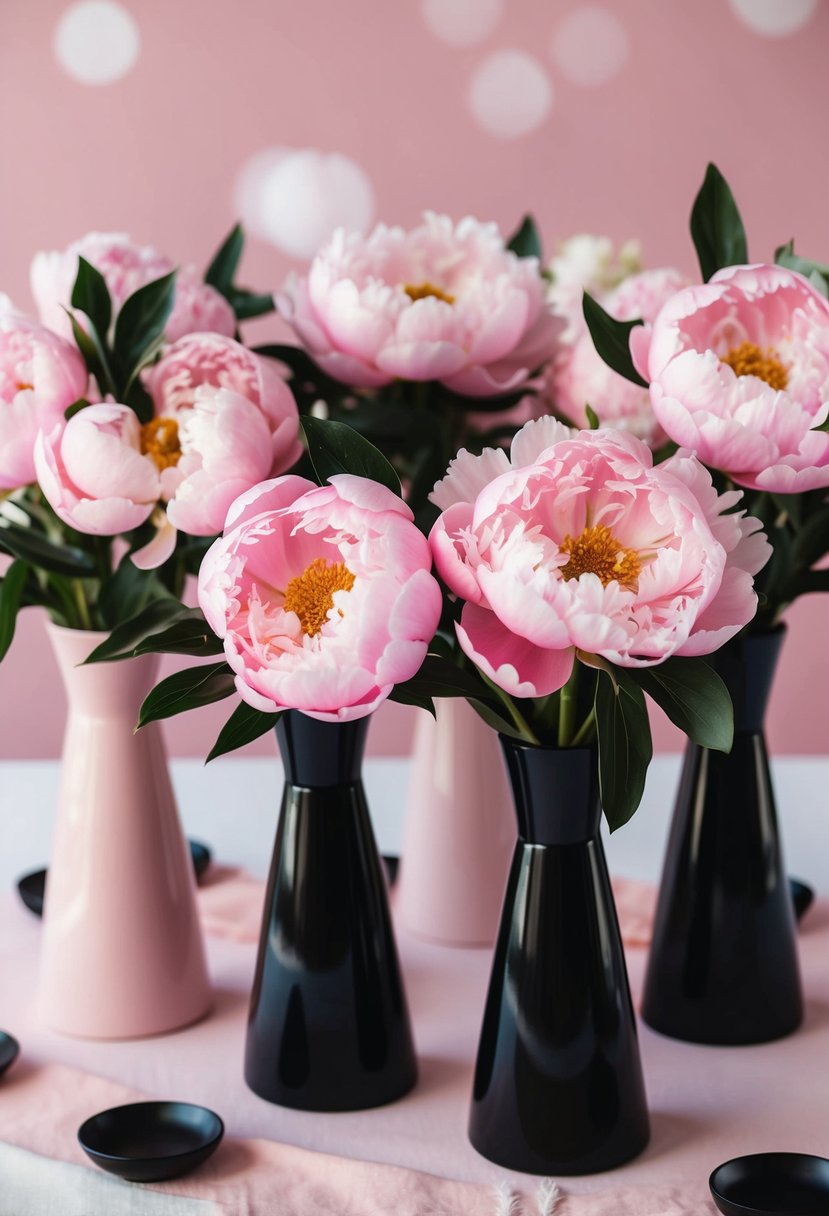 Pink peonies in black vases arranged on a light pink and black wedding color palette