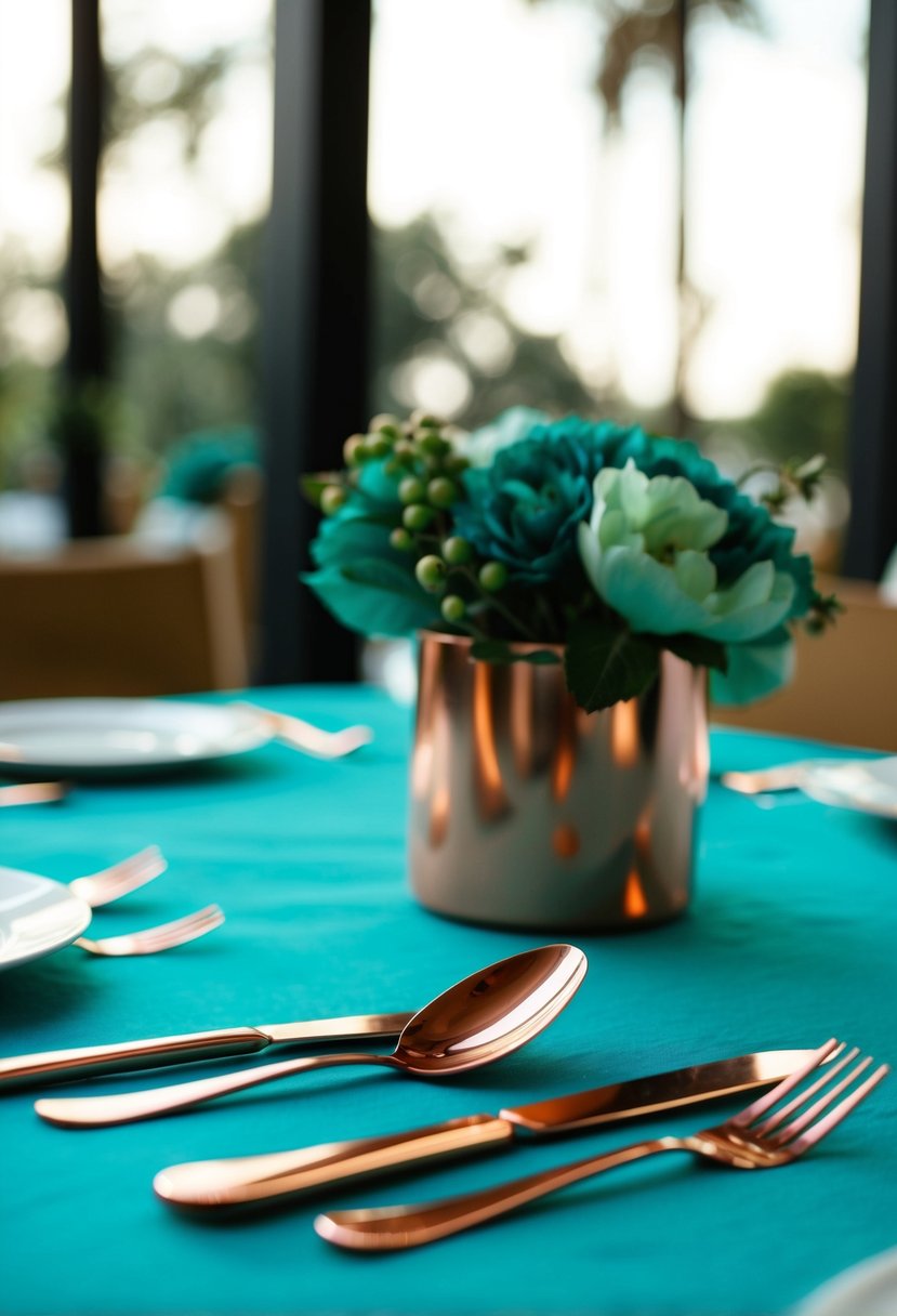 Teal tablecloth with copper cutlery on a table