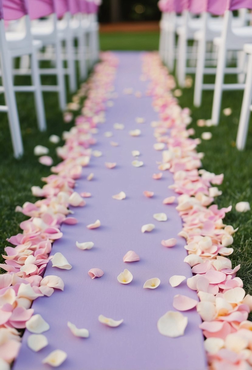 Pastel petals scattered along a lavender and light pink wedding aisle