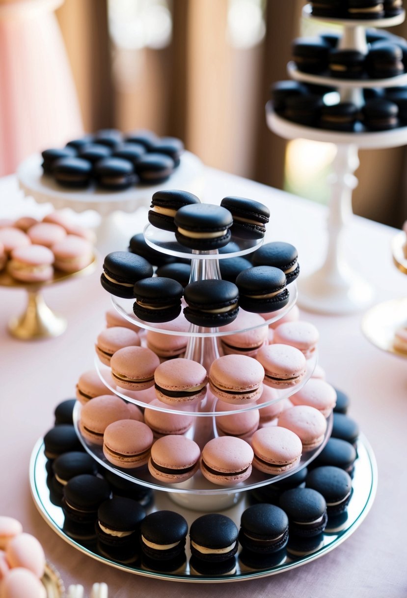 A dessert table adorned with black and light pink macarons, perfect for a wedding color scheme