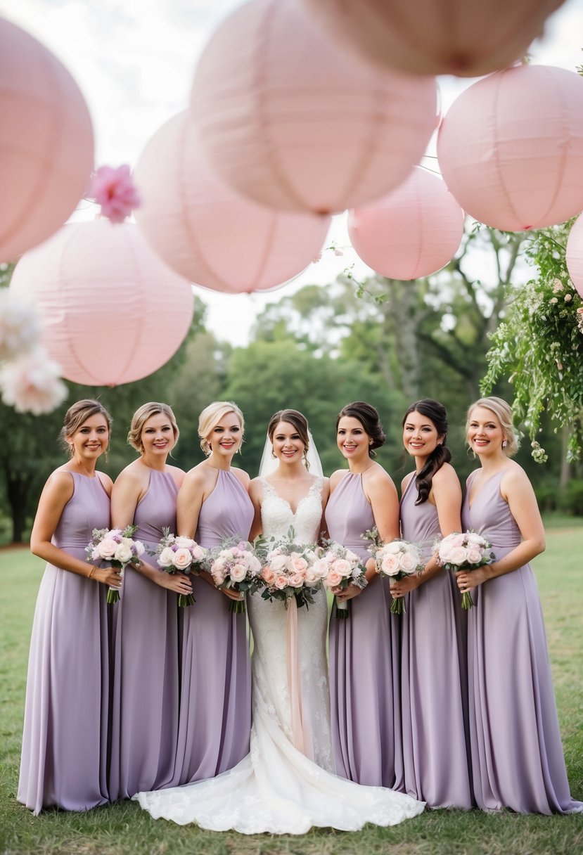 A group of lavender bridesmaid dresses arranged with light pink wedding decor and flowers