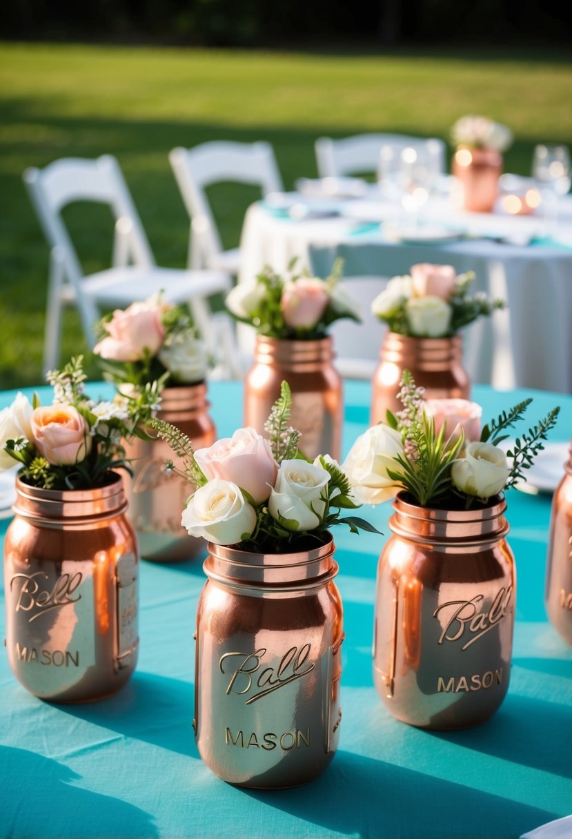 Copper-painted mason jars arranged on a teal table with floral centerpieces