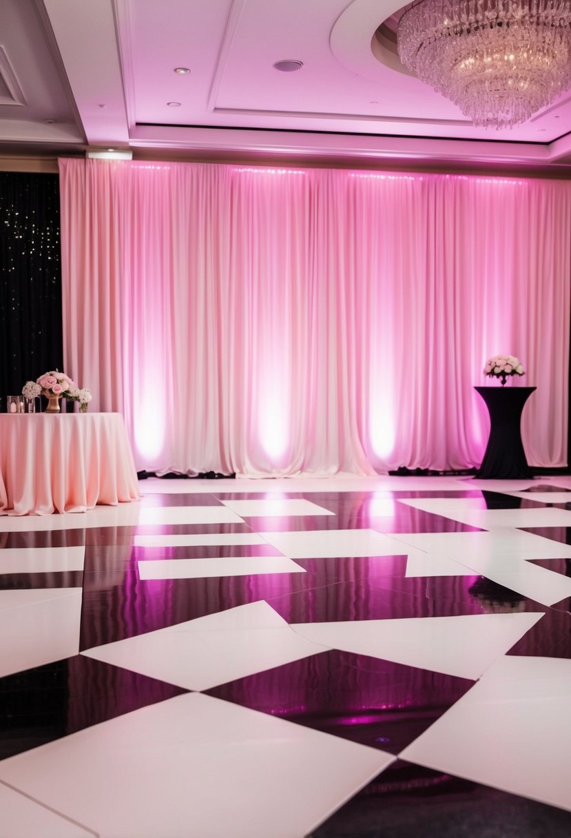 The dance floor is bathed in light pink and black, creating a romantic and modern wedding color scheme