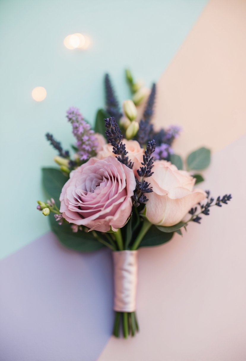 A blush pink groom's boutonniere with lavender and light pink flowers, set against a soft pastel background