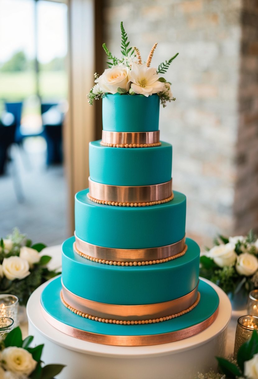 A three-tiered wedding cake in teal and copper with metallic accents, surrounded by coordinating decor and flowers