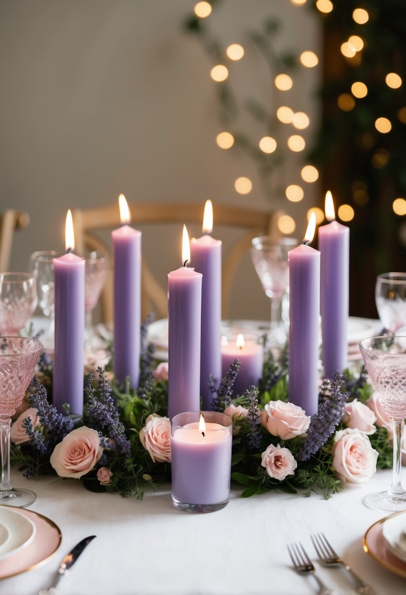 A table adorned with lavender-scented candles, surrounded by light pink floral arrangements