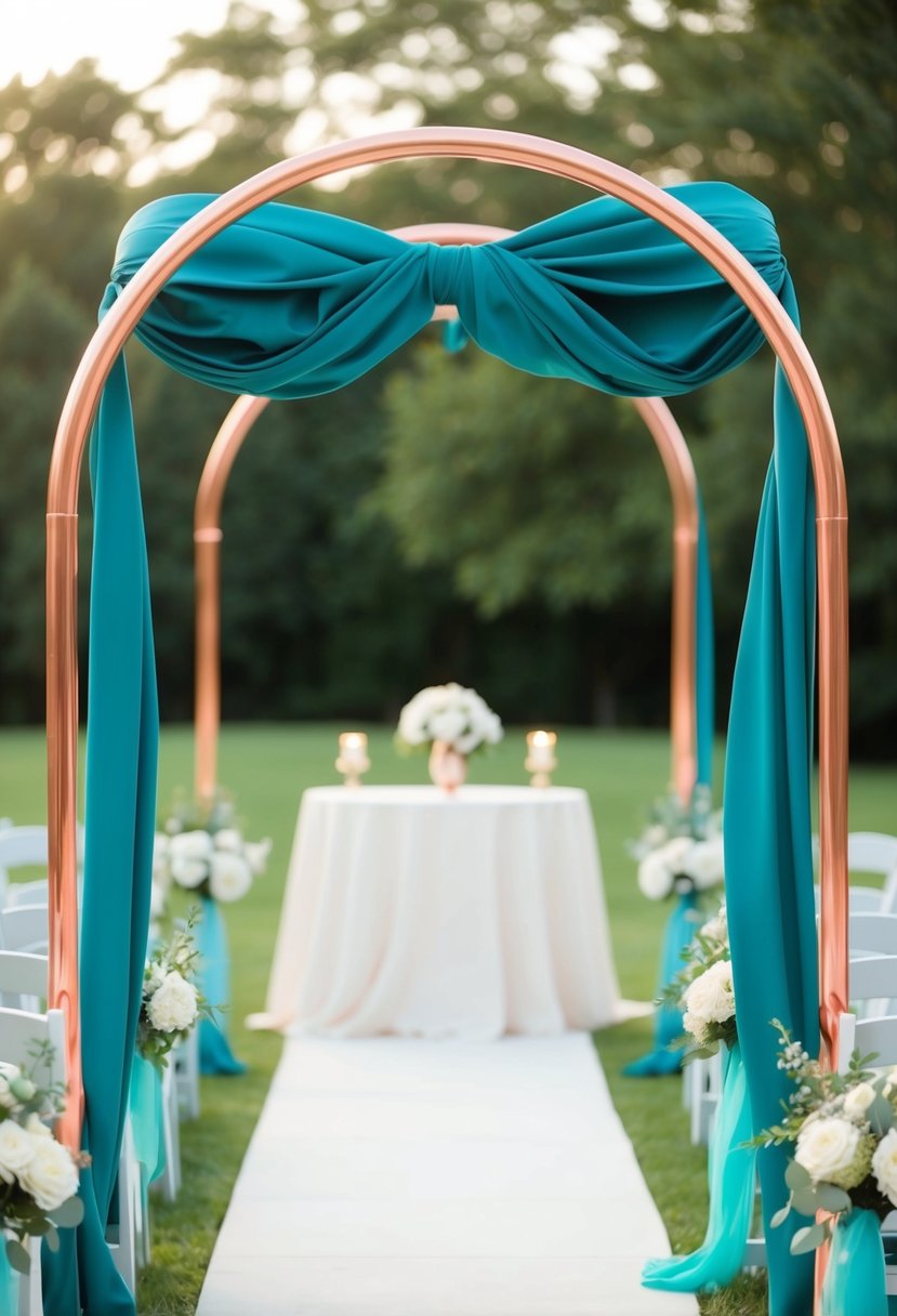 A copper archway draped in teal fabric stands ready for a wedding ceremony