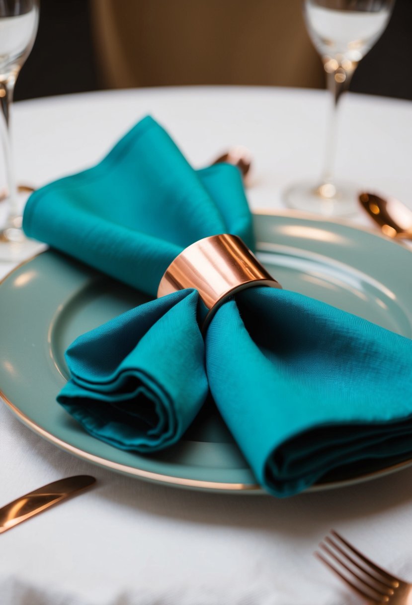 Teal napkins folded neatly with copper rings on a table setting