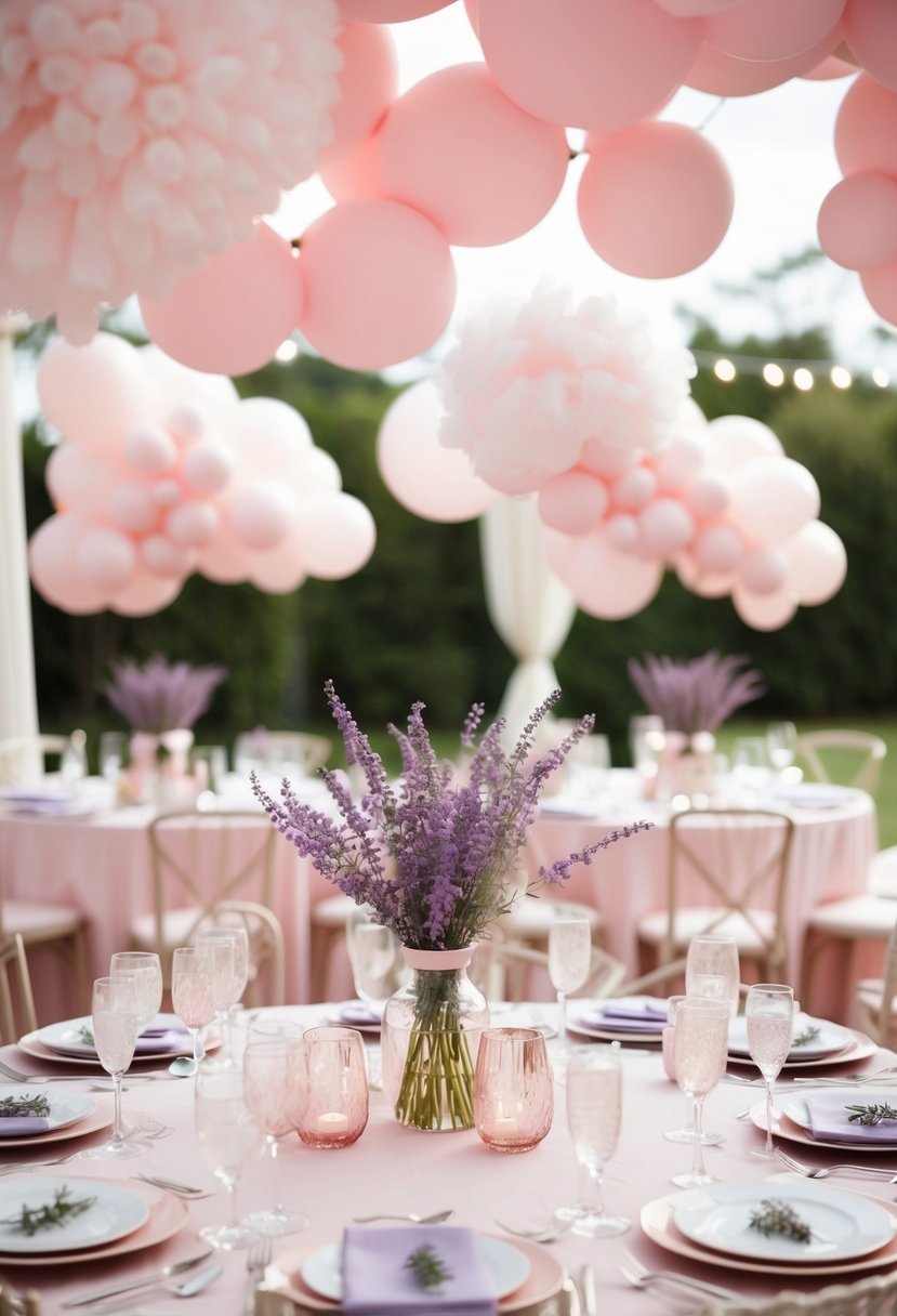 A table adorned with blush and lavender centerpieces, surrounded by light pink wedding decor