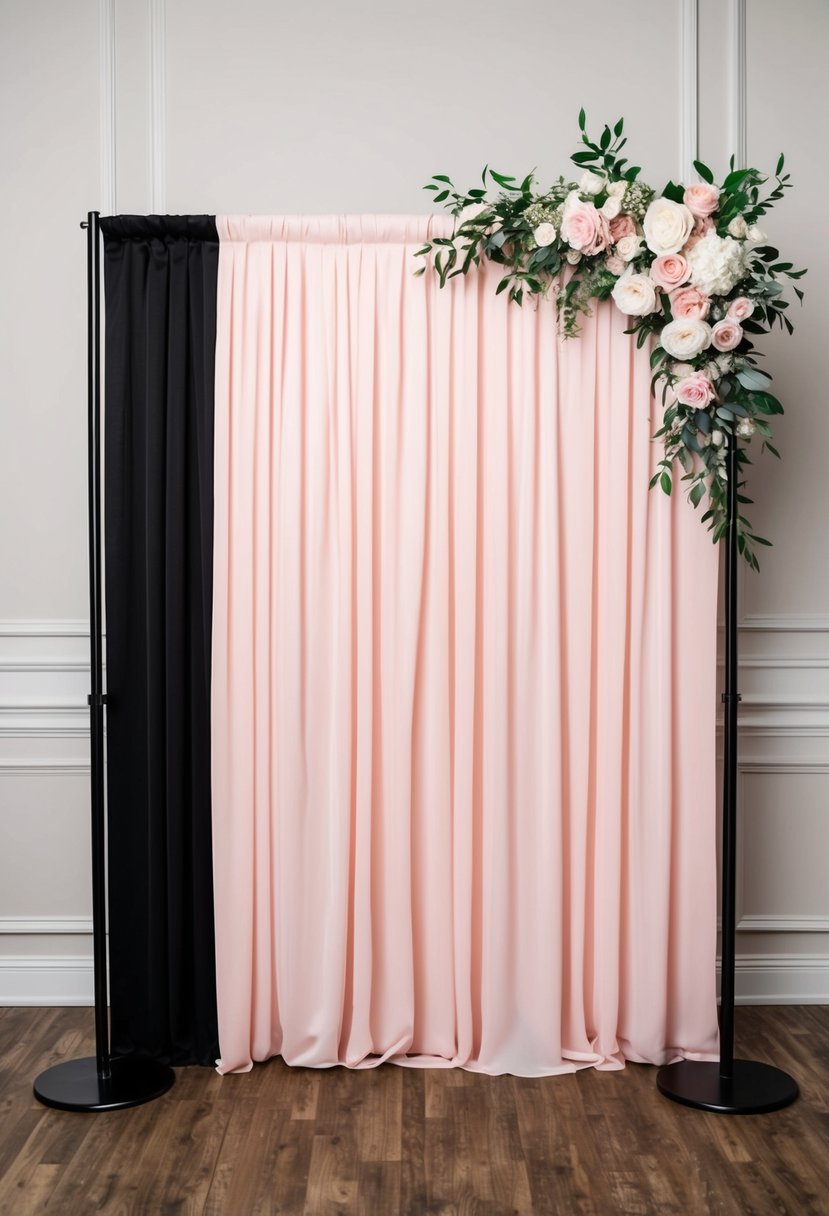 A black and light pink photo booth backdrop with elegant wedding decor and floral accents