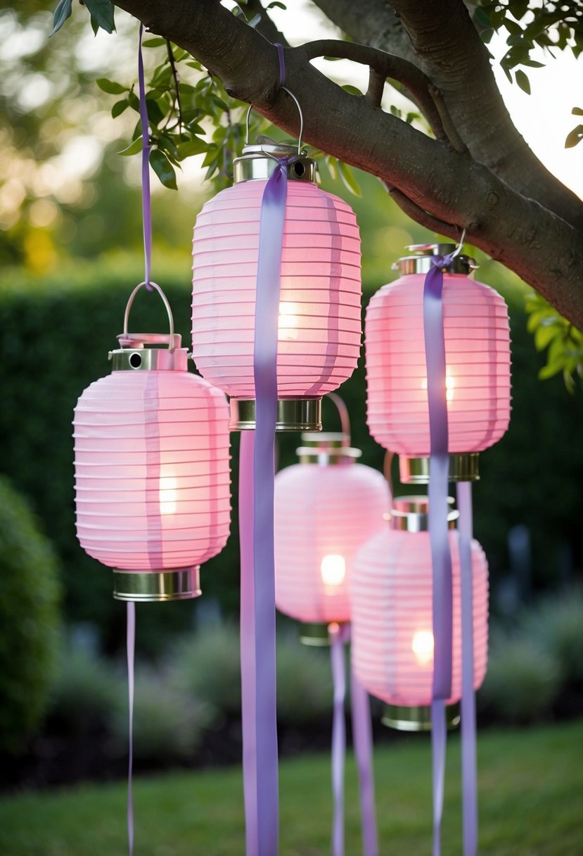 Light pink lanterns with lavender ribbons hanging from a tree in a garden