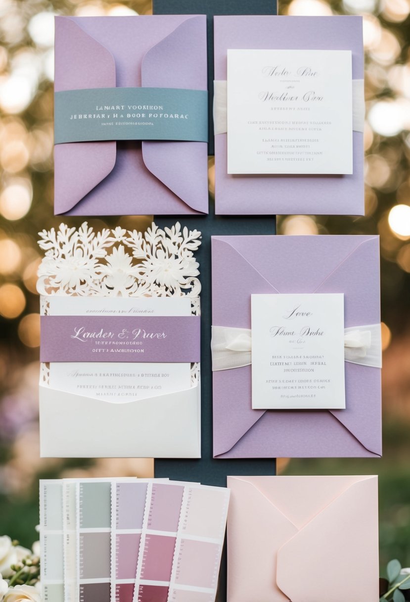 Lavender and light pink invitation cards displayed with wedding color swatches