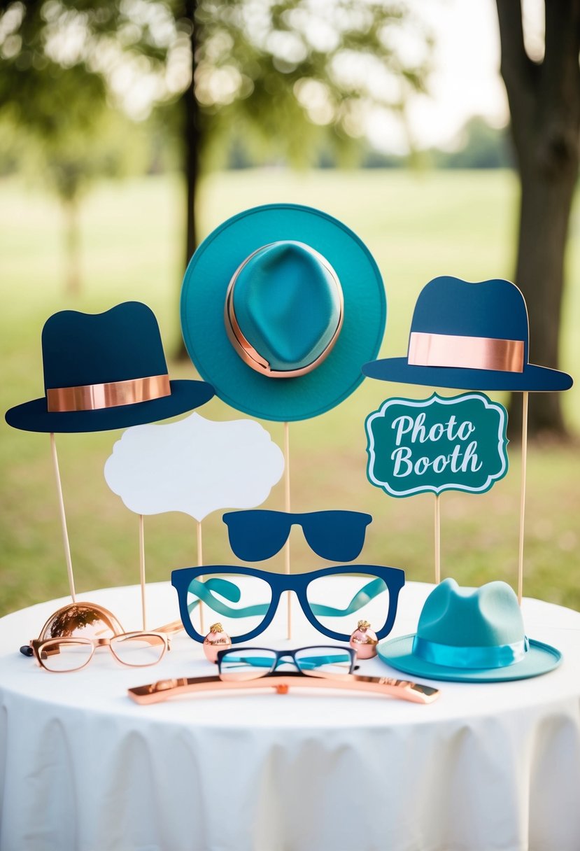 Teal and copper photo booth props arranged on a table for a wedding, including hats, glasses, and signs