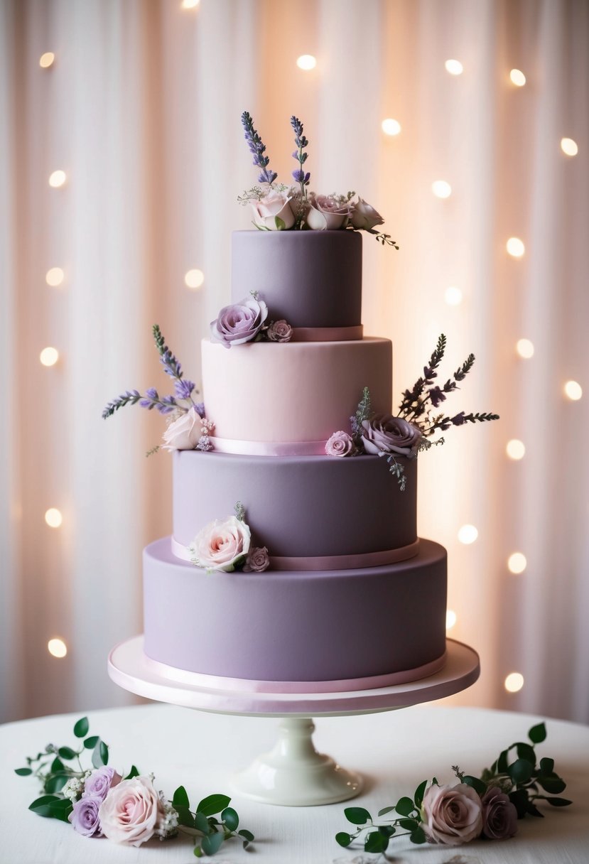 A three-tiered cake in dusty pink and lilac, adorned with delicate lavender flowers and light pink accents, set against a romantic wedding backdrop