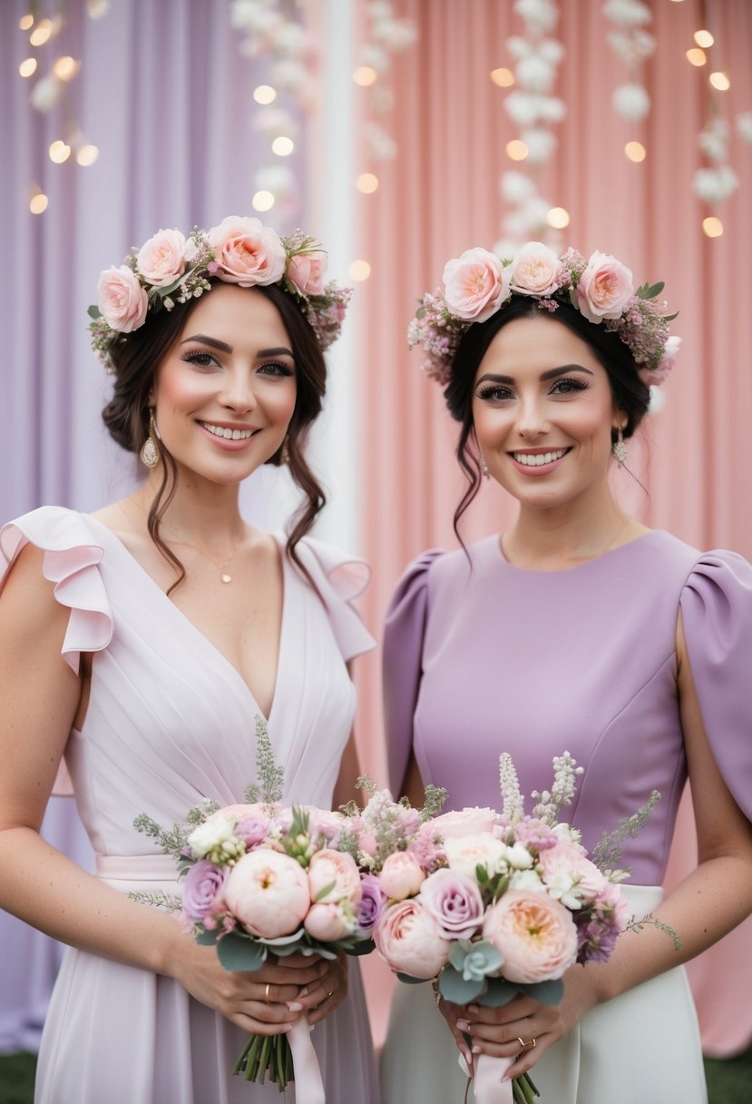 Blush-pink floral crowns adorn a lavender and light pink wedding palette