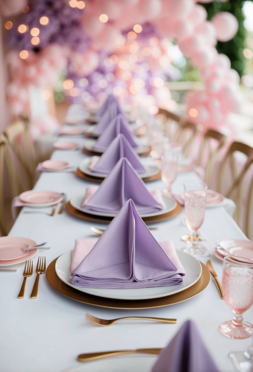 A table set with lavender and pale pink napkins, surrounded by light pink wedding decor