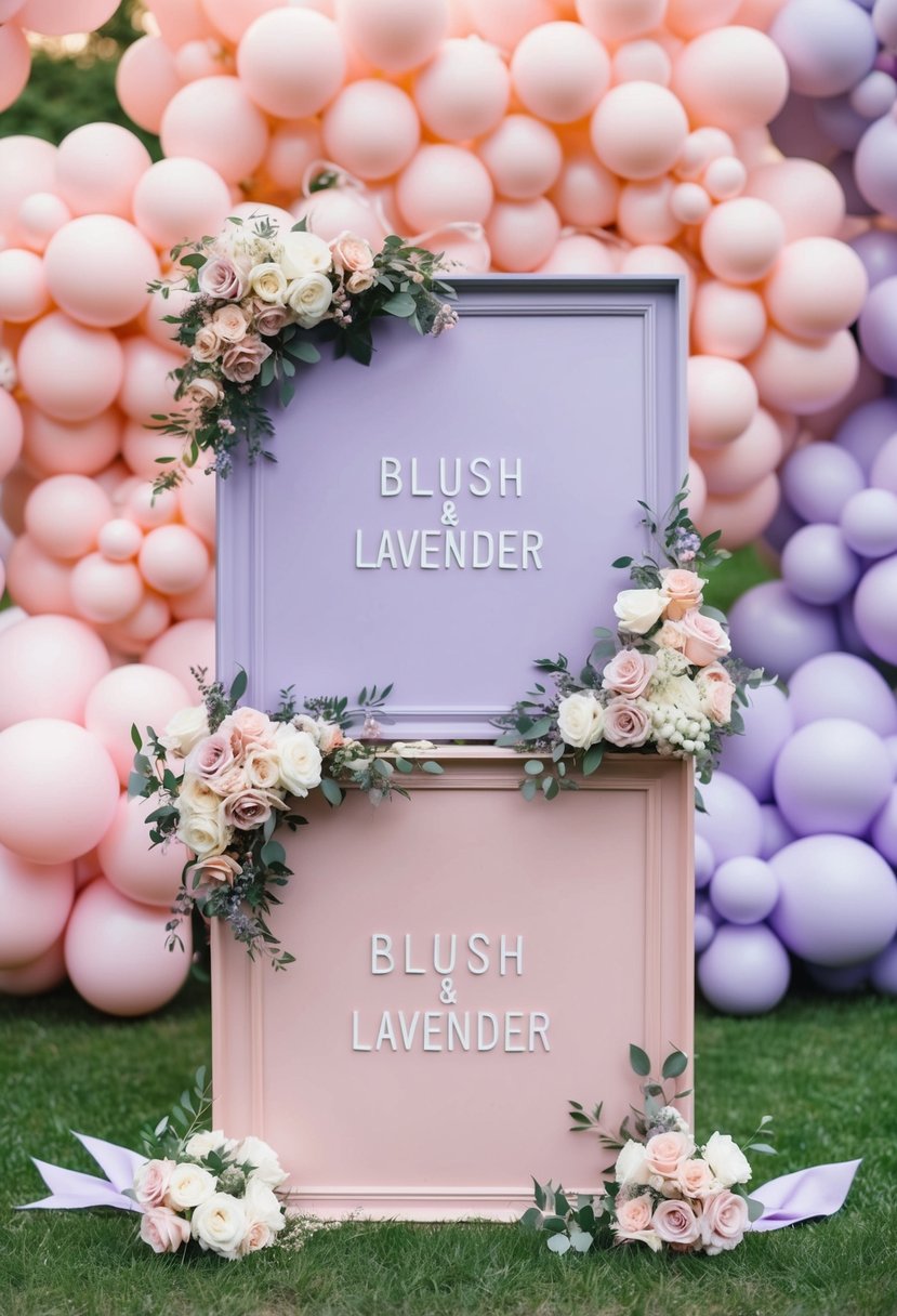 Blush and lavender signboards adorned with flowers and ribbons, surrounded by light pink and lavender wedding decor