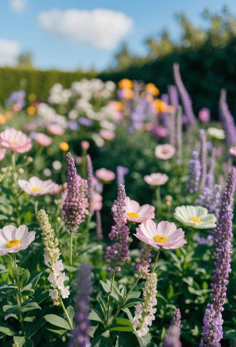 A garden filled with blooming flowers in shades of pastel pink, lavender, and soft green, with a clear blue sky overhead