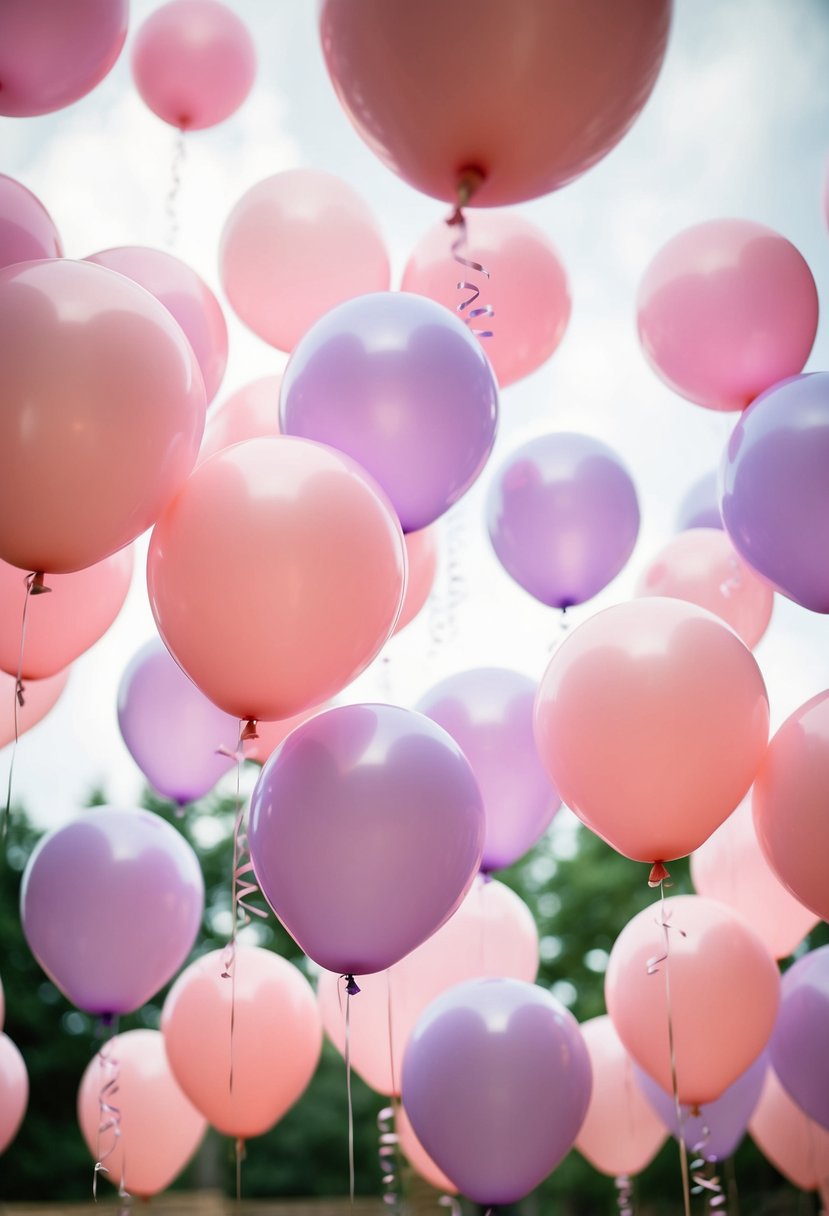 A whimsical scene with soft pink and lavender balloons floating in the air, creating a dreamy and romantic ambiance for a wedding celebration