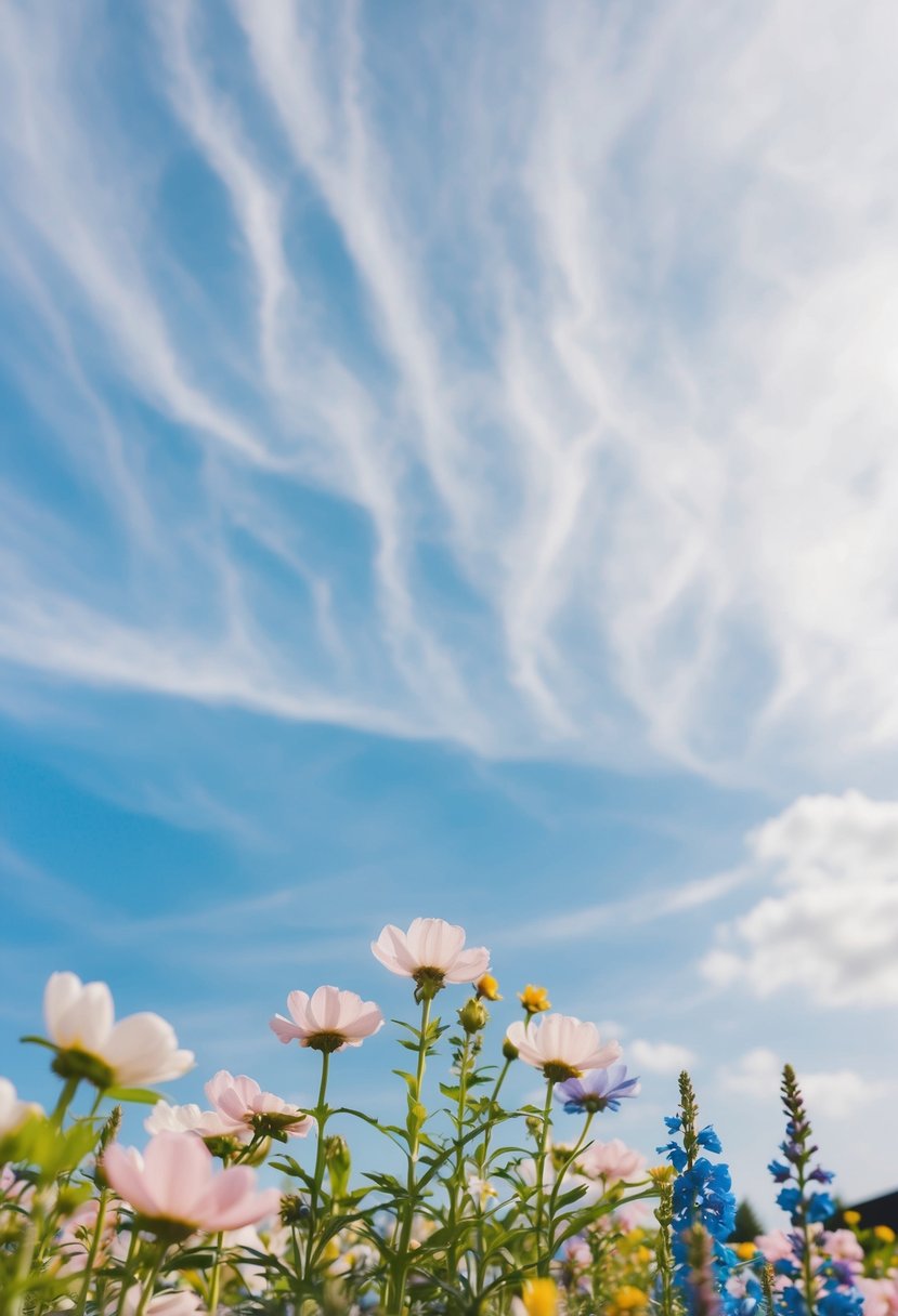 A blooming garden with pastel pink and blue flowers, set against a clear sky with wispy clouds