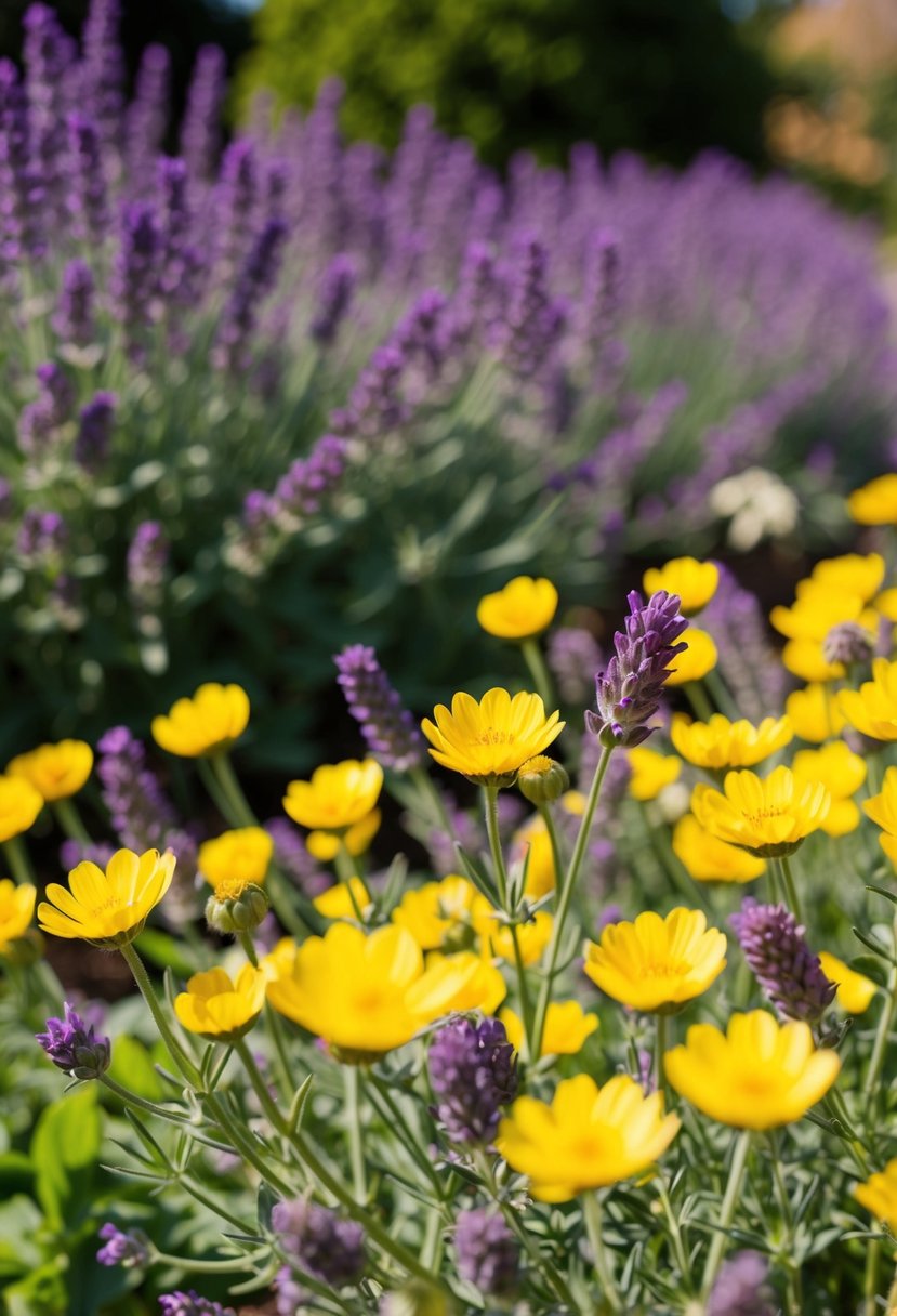 A sunny garden filled with yellow buttercups and blooming lavender bushes