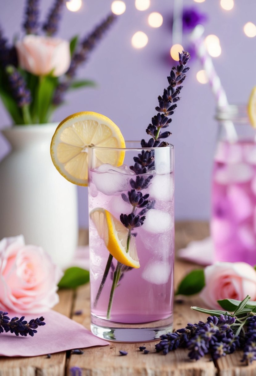 A glass of lavender lemonade surrounded by light pink and lavender wedding decor