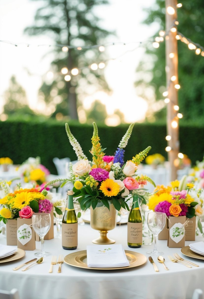 A table adorned with elegant summer wedding favors, surrounded by colorful flowers and twinkling lights