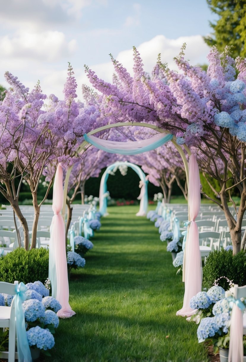 A garden filled with blooming lilac and baby blue flowers, with a pastel-colored wedding arch and delicate ribbons fluttering in the breeze