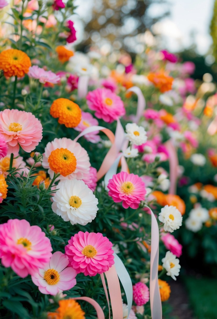 A garden filled with blooming pink, orange, and white flowers, with delicate pastel ribbons fluttering in the breeze