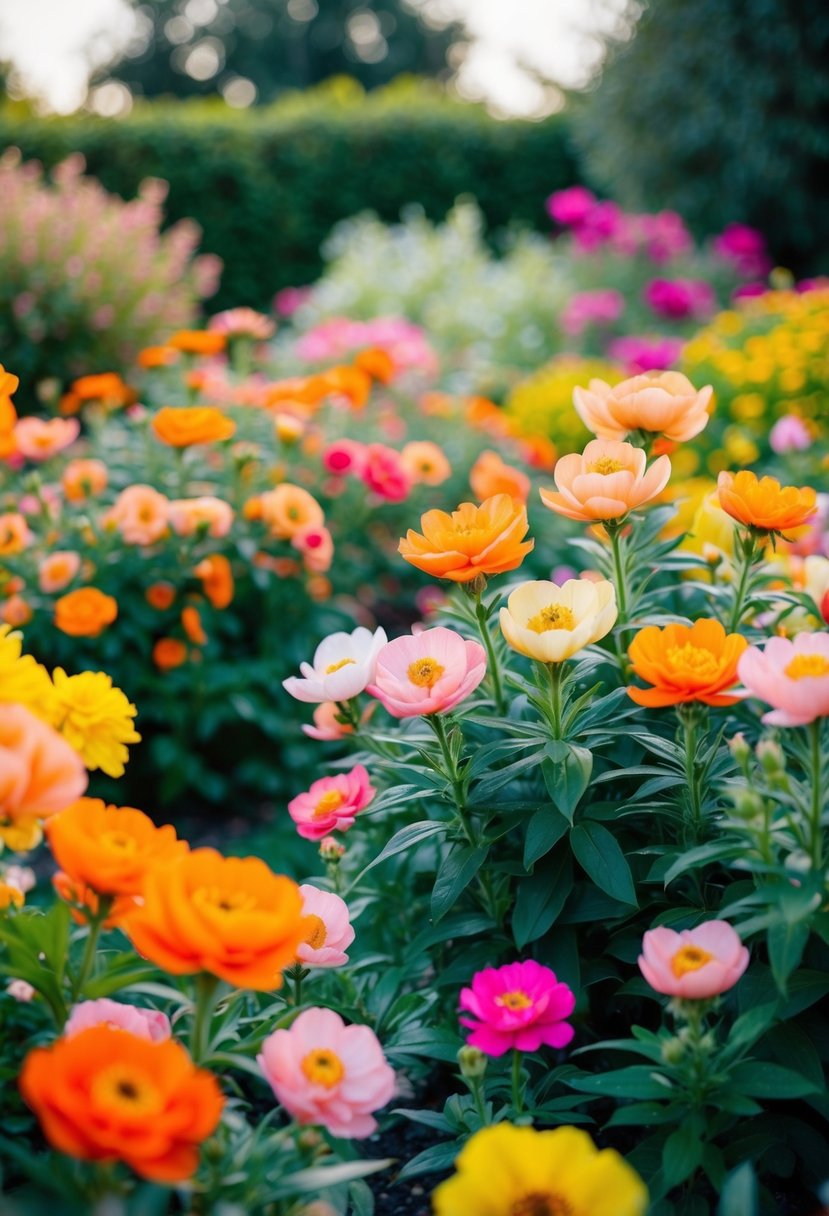 A garden filled with blooming flowers in shades of warm orange, pink, and yellow, with pops of vibrant green foliage