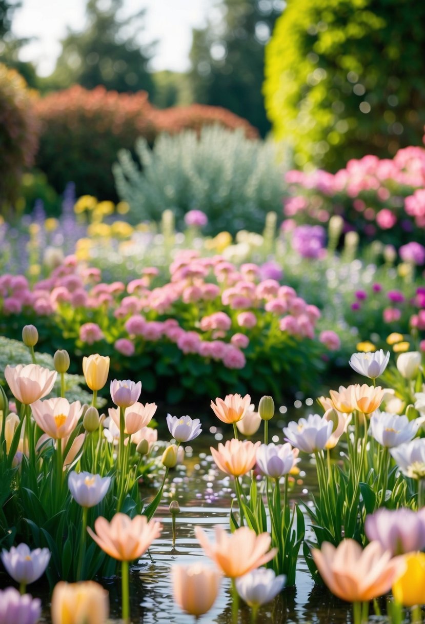 A garden filled with pastel flowers and shimmering water reflecting soft jewel tones