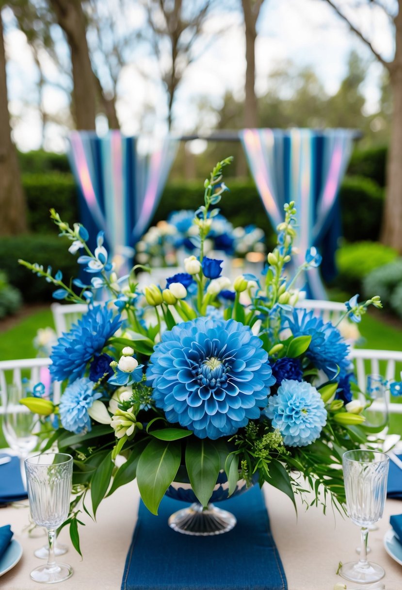 A lush garden with denim blue flowers and iridescent accents on decor and attire for a spring wedding